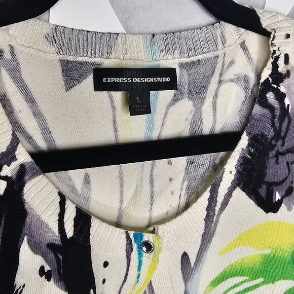 Express Button Down Floral Multi Color Print Sweater Cardigan 3/4 Sleeve Large - Picture 2 of 4